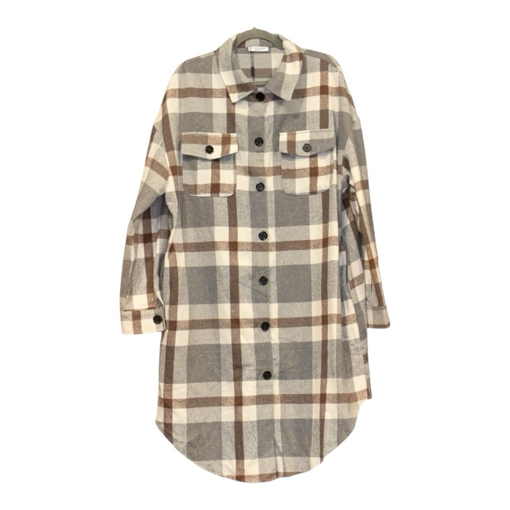 In Voland Plaid Flannel Shirt Dress Gray/brown/cream NWT Size 18 AR12